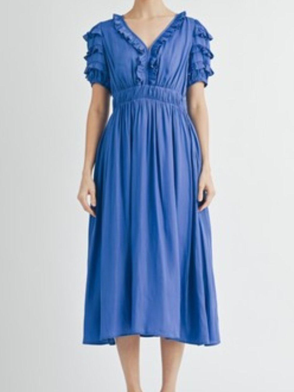 B128 Ruffled V-neck Midi Dress With Elastic Waist In Blue NEW